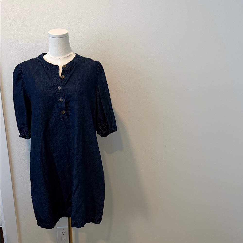 J.Crew Chambray Denim Shift Dress Pockets Henley Button Front Size S